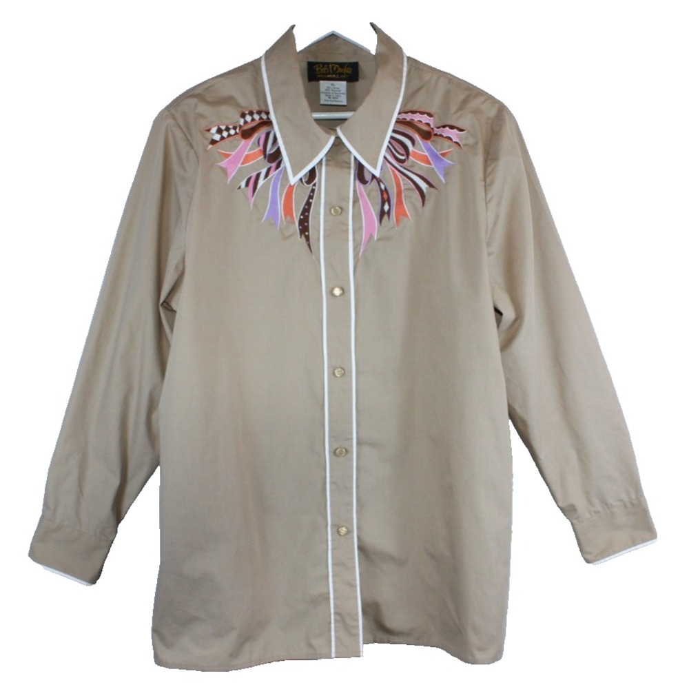 Bob Mackie Shirt Womens Size XL Vintage Brown Ribbon Western Cowgirl Art to Wear